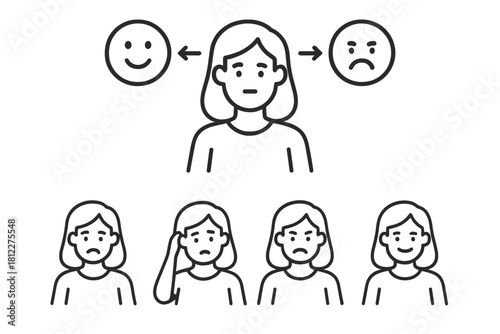 Female character icons representing various mental health states and mood swings