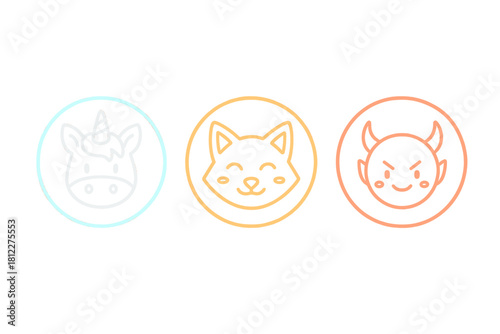 Cute outline icons featuring a unicorn, happy fox, and mischievous devil face