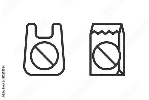 Prohibition sign for single-use plastic shopping bags and disposable paper grocery sacks