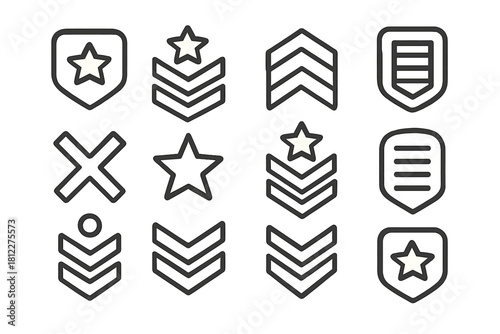Collection of military rank insignia badges and army chevron symbols in minimalist outline style