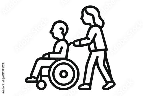 Caregiver pushing person in wheelchair, showing disability support and assistance