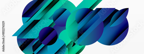 Abstract geometric shapes overlap, creating dynamic composition. Blue, teal hues dominate design, suggesting depth, movement.