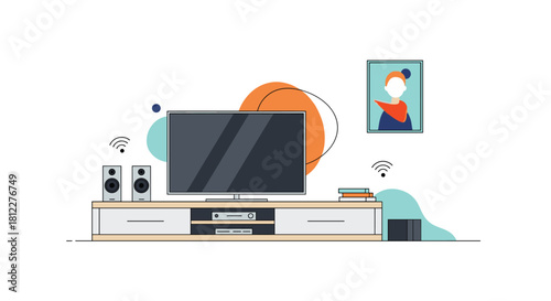Modern living room interior with a home entertainment system including a smart TV speakers and other devices on a media console.