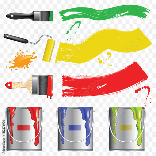 Colorful painting tools and dripping paint cans for art projects.