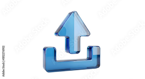 Title: 3D Blue Glass Upload Icon, Data Transfer and Cloud Storage Symbol
