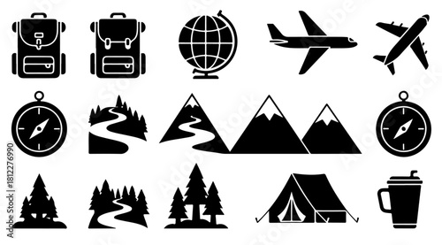 Plan your next stunning adventure with travel icons featuring airplane, compass, and mountains