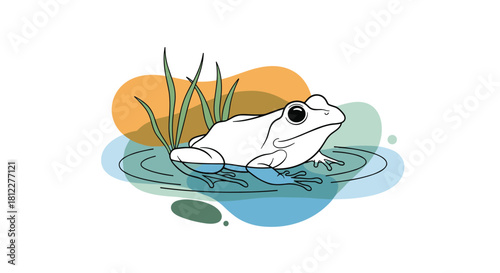 Minimalist line art illustration of a frog sitting in a pond with abstract colorful shapes representing water and plants.