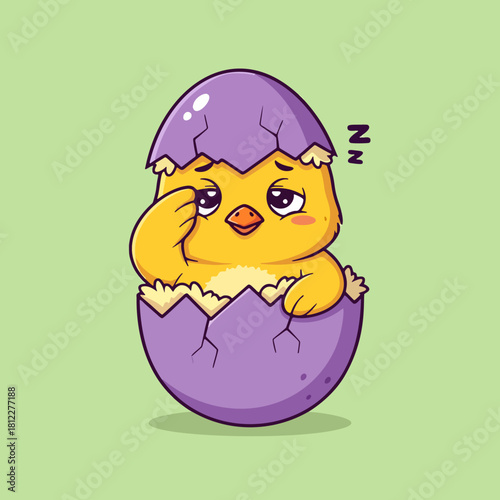 Cute chick hatching from purple Easter egg