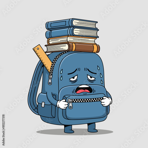 Tired school backpack cartoon character sweating