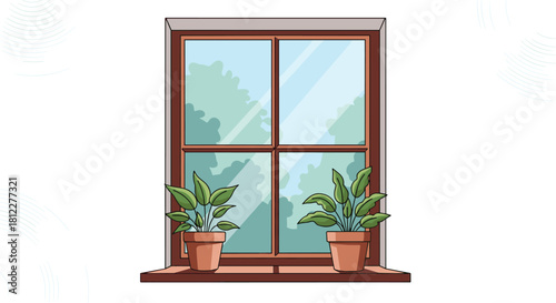 A charming cartoon illustration of a window with two green potted plants on the sill looking out onto a lush green forest.