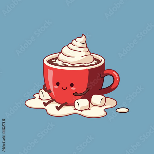 Cute hot chocolate mug cartoon character with marshmallows