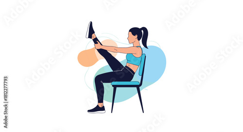 Illustration of a woman in sportswear doing a seated leg stretch exercise using a chair with abstract shapes in the background.
