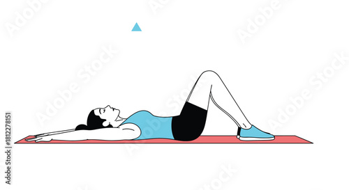 A simple two-color illustration showing a woman lying on a yoga mat starting a core exercise for fitness and wellness.