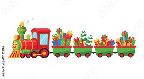 Adorable Christmas toy train filled with colorful gifts and snowy trees ready for holiday cheer and childhood imagination, festive delivery