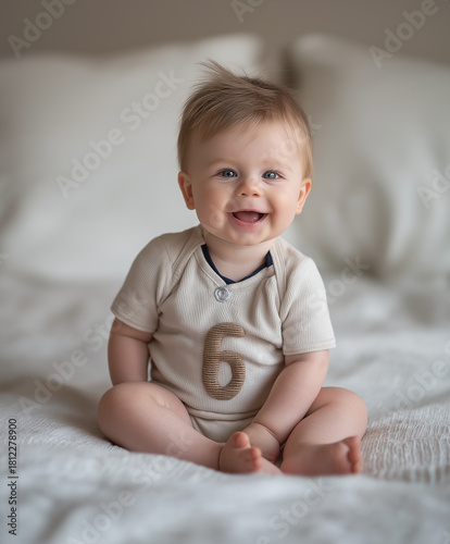 Happy Baby Boy Sitting on Bed in Soft Daylight