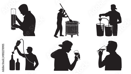 Silhouette vector illustration set of winemaking process from grape crushing to wine tasting isolated on white background