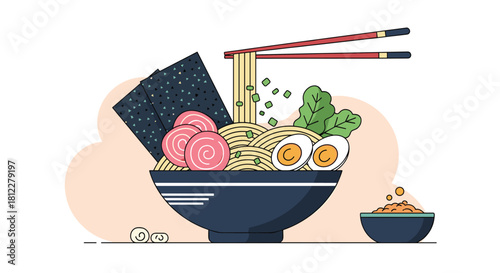 A delicious bowl of Japanese ramen noodle soup with pork egg and seaweed being picked up by chopsticks in a flat illustration.