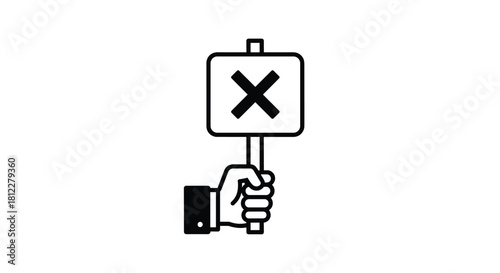 A simple black and white icon of a hand holding a sign with a cross mark representing rejection disapproval or a wrong answer.
