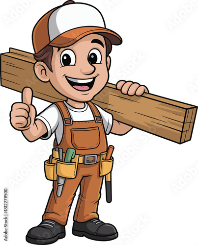 Cartoon construction worker illustration, smiling carpenter character, thumbs up builder, tool belt tradesman, wood plank carrying, handyman clipart, vector art