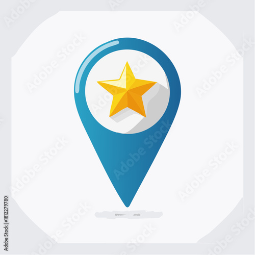Blue map pointer icon with a golden star inside, on a white background.