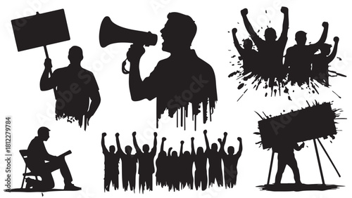 Silhouette vector illustration of protesting people demonstrating with signs and bullhorn ideal for social justice and activism concepts