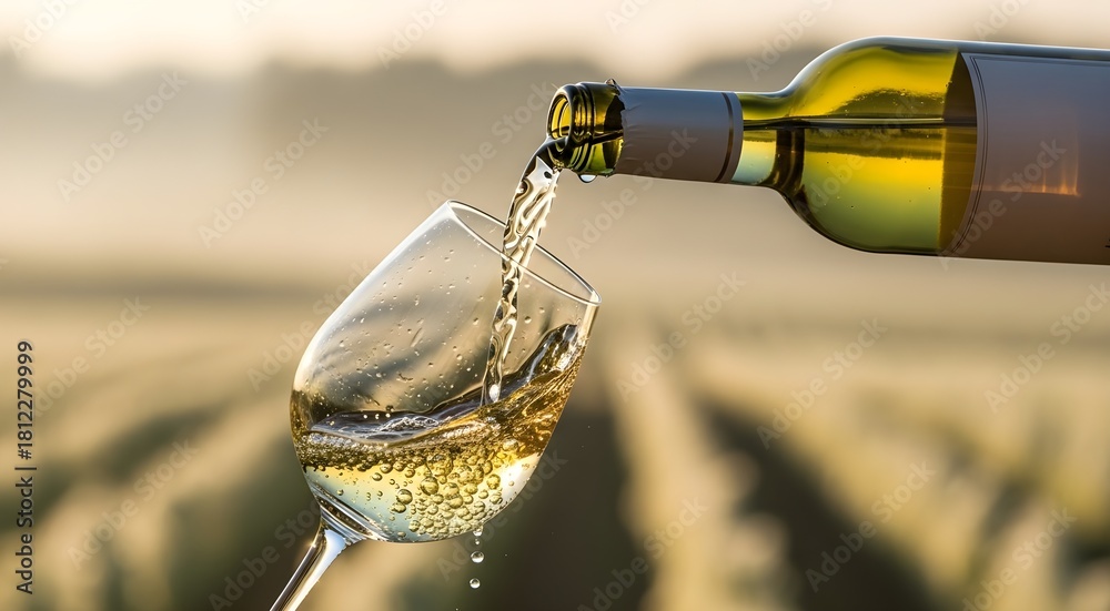 Naklejka premium Pouring White Wine into Glass in Vineyard during Golden Hour