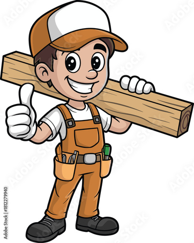 Cartoon construction worker illustration, smiling carpenter character, thumbs up builder, wood plank carrying, tool belt tradesman, vector clipart, handyman art