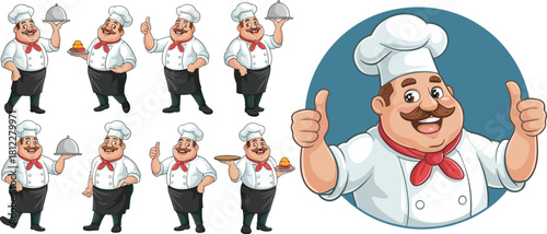 Cartoon chef character illustration set, smiling cook poses, culinary mascot clipart, cake and platter gestures, vector kitchen art
