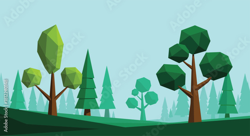 A low poly vector illustration of a lush green forest landscape with geometric trees under a light blue sky for a background.