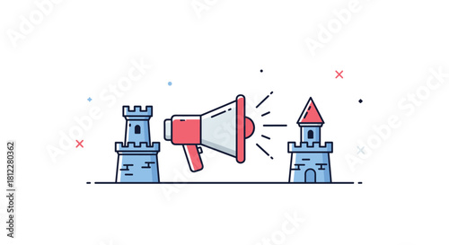 A flat line illustration of a large red megaphone between two castle towers representing marketing communication or an announcement.
