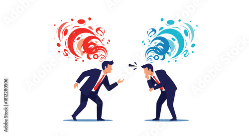 Two businessmen are engaged in a heated debate with abstract red and blue energy clouds coming from their heads showing conflict.