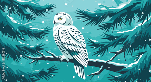 Stunning snowy owl perched on a branch surrounded by pine trees in a winter wonderland scene adding a touch of magic to your seasonal designs