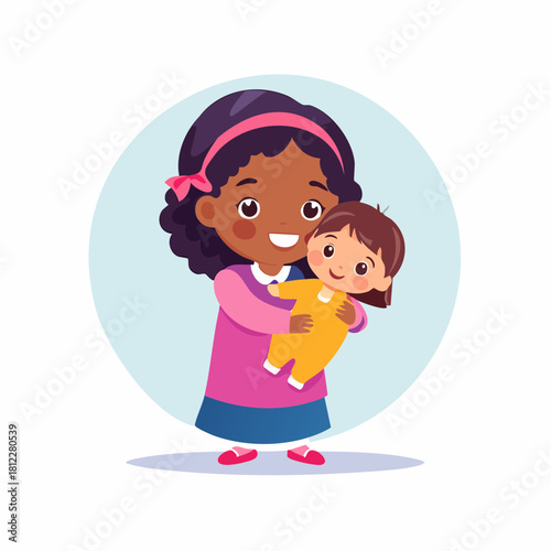 A smiling young girl with dark skin hugs her doll against a light blue circular background.