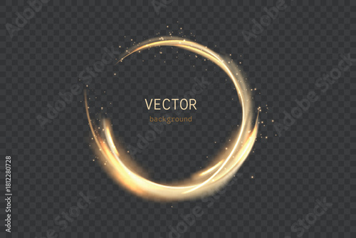 A golden curved arc of light with a soft glow and motion blur against a dark background; a bright light trail. Vector
