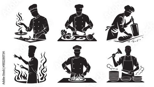 Chef silhouette vector set cooking and preparing food culinary arts illustration isolated on white background