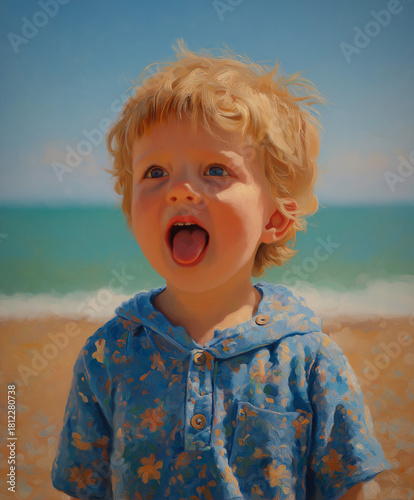 Cute Little Boy Sticking Tongue Out at the Beach