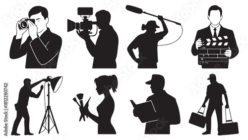 Set of silhouette icons representing film crew and media professionals vector illustration of various roles in filmmaking and journalism isolated on white background