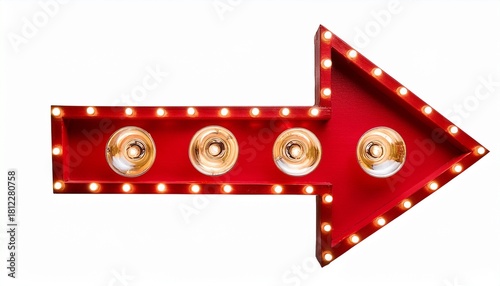 red arrow with light bulbs for theater direction isolated on white background