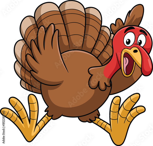 Funny cartoon turkey illustration, Thanksgiving bird character, running turkey clipart, festive poultry drawing, holiday mascot, comical animal art