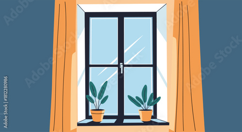 Flat vector illustration of a cozy room interior showing a closed window with two houseplants on the sill and bright orange curtains.