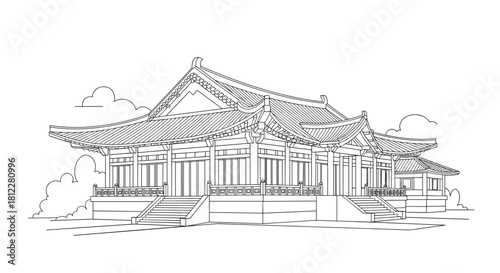 Detailed line art illustration of a traditional Korean palace with intricate roof details and steps isolated on a white background.