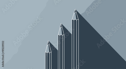 Minimalist graphic of three pencils arranged like a growth chart casting long shadows representing business progress and development.