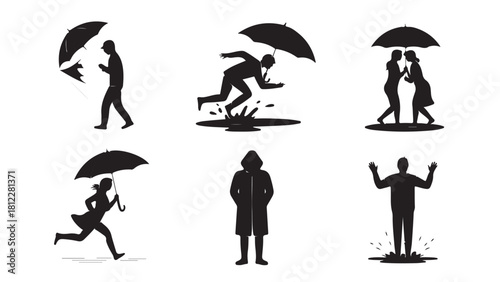 Set of rainy weather icons depicting people with umbrellas and raincoats in a simple black silhouette style