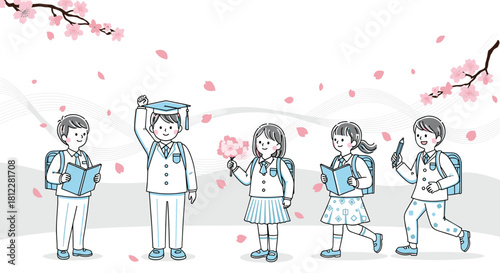 Group of happy Japanese elementary school students in uniforms celebrating graduation day under blooming cherry blossom trees.