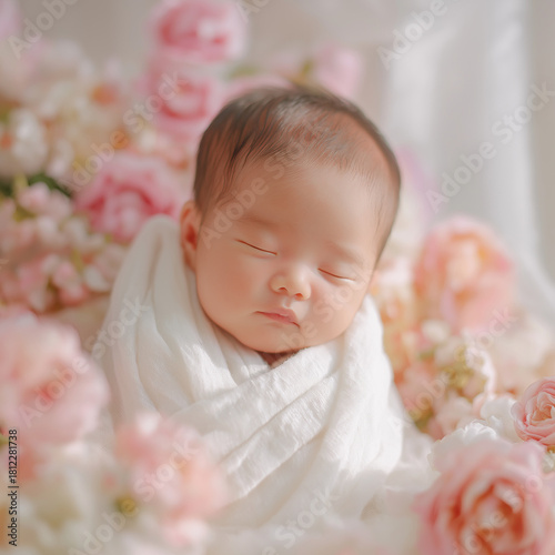 Sleeping Newborn Baby Surrounded by Soft Pink Flowers