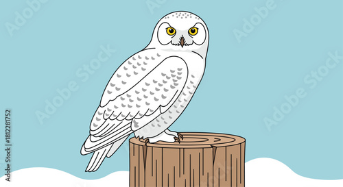 Adorable snowy owl illustration perched on a wooden stump in a winter scene, perfect for children's books and educational resources