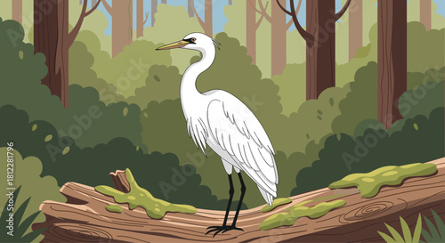Elegant white egret standing gracefully on a mossy log in a peaceful cartoon forest scene for children's book illustrations or nature projects