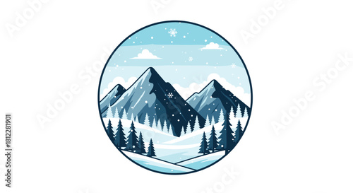 Beautiful winter mountain landscape with snowy peaks and a pine forest in a circular frame perfect for a logo or travel sticker.