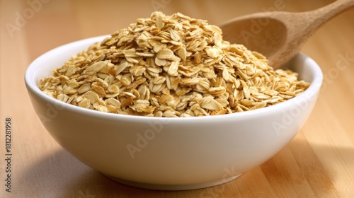 A bowl filled with uncooked oats, showcasing their texture and color, next to a wooden spoon on a wooden surface.
