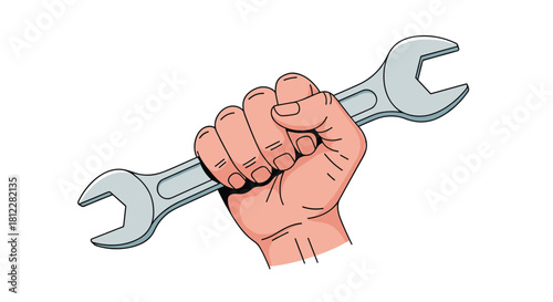 Cartoon vector illustration of a strong hand holding a large metal wrench representing repair services and manual labor concepts.